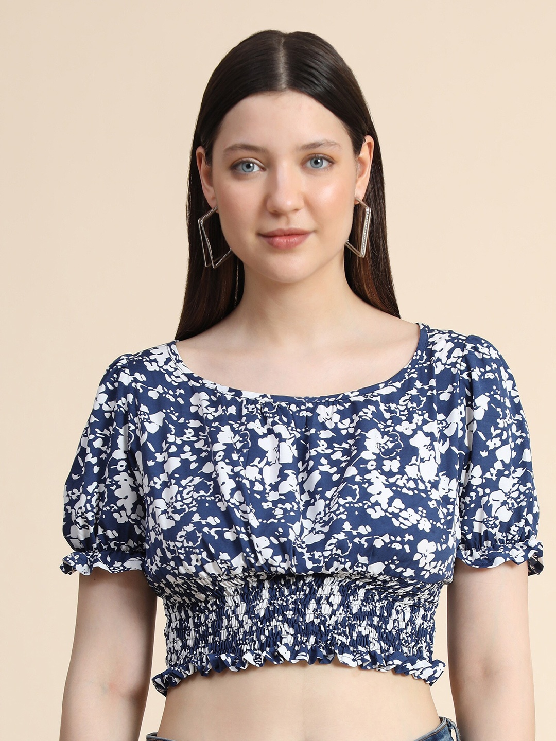 

KERI PERRY Women White & Blue Printed Crop Top