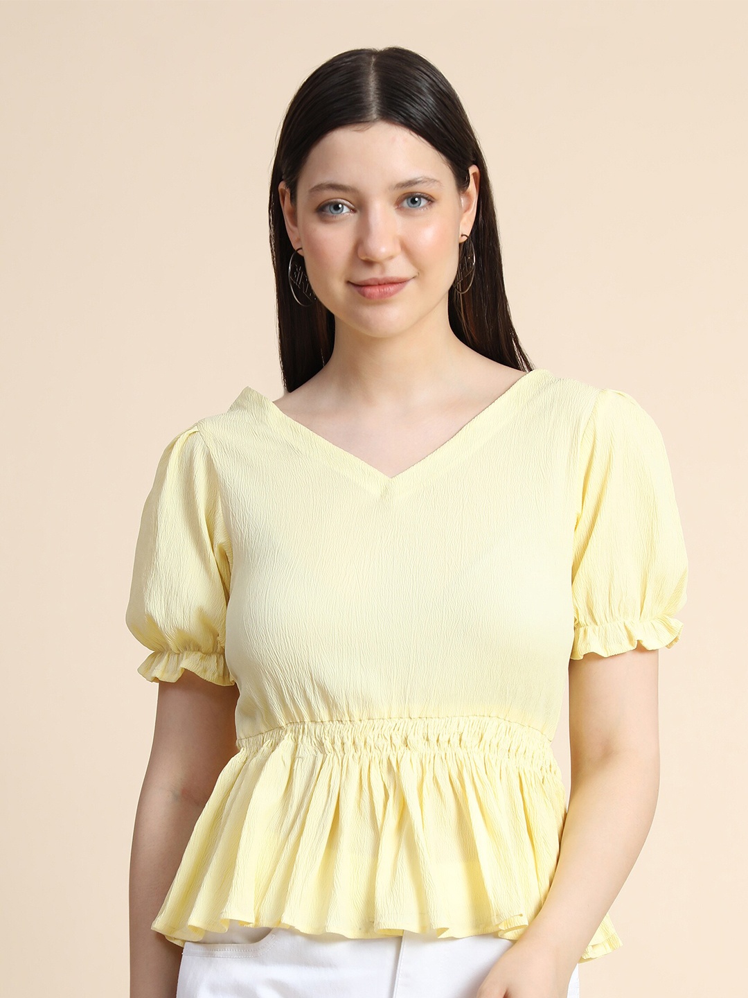 

KERI PERRY Women Yellow Solid Georgette Solid Top