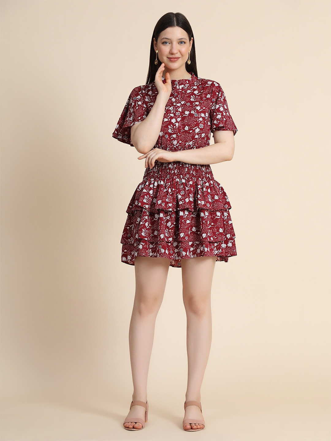 

KERI PERRY Floral Printed Flared Sleeves Layered Detail Mini Fit & Flare Dress, Maroon