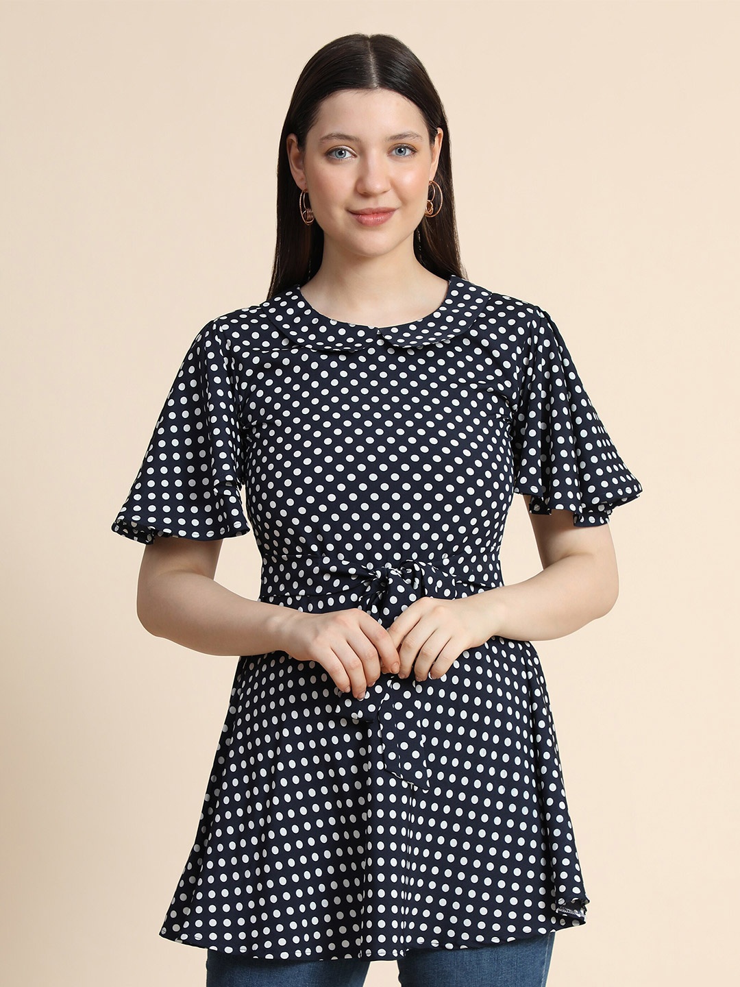 

KERI PERRY Polka Dot Printed Peter Pan Collar Top, Navy blue