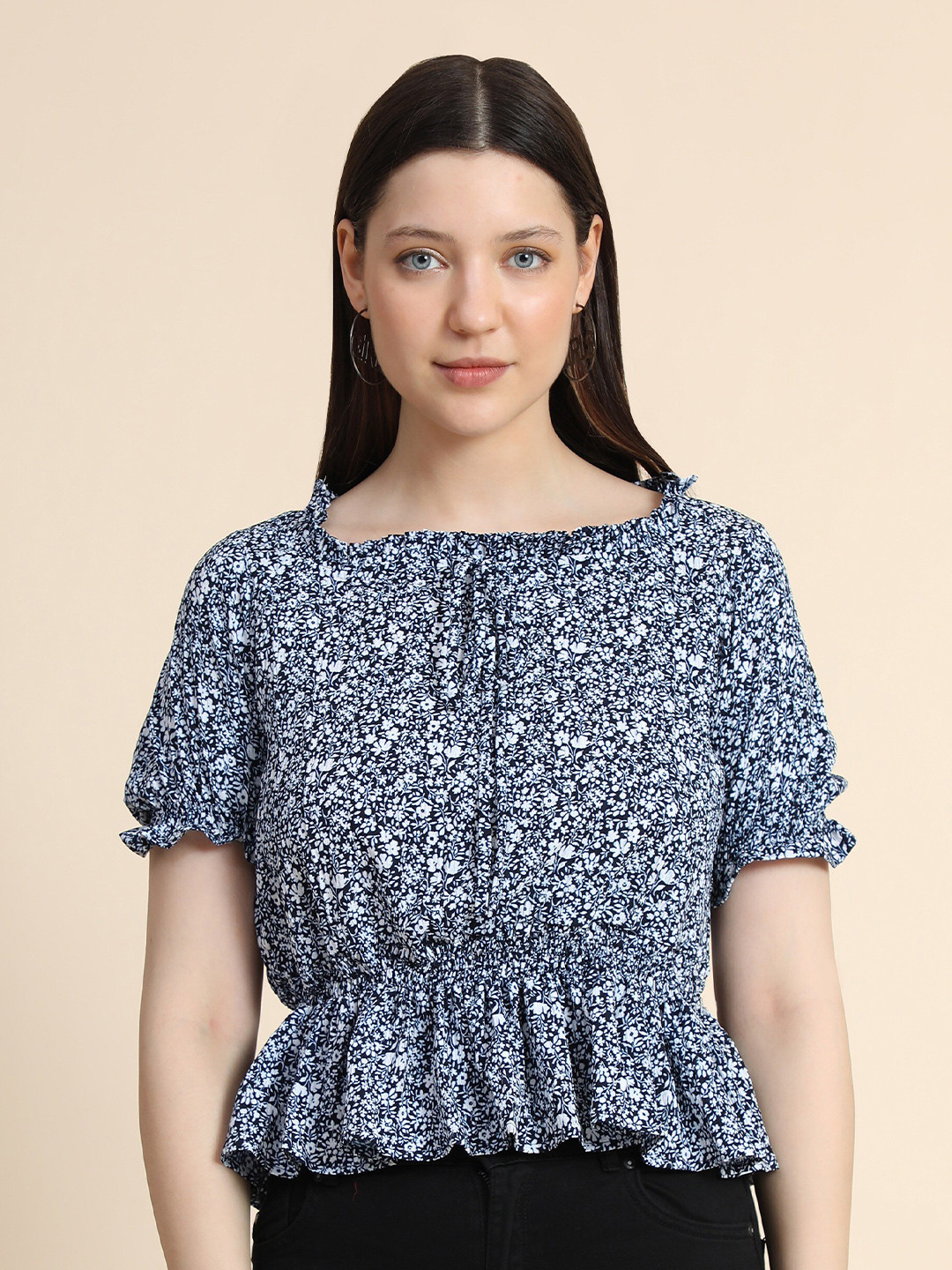 

KERI PERRY Navy Blue & White Floral Printed Cinched Waist Top