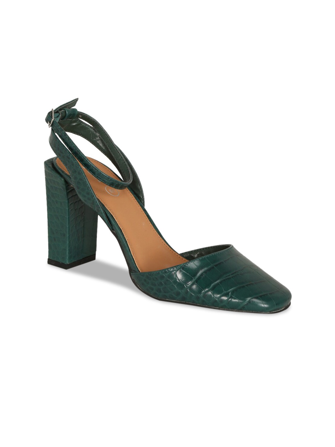 

rubi Green Textured PU Block Sandals with Buckle Heels