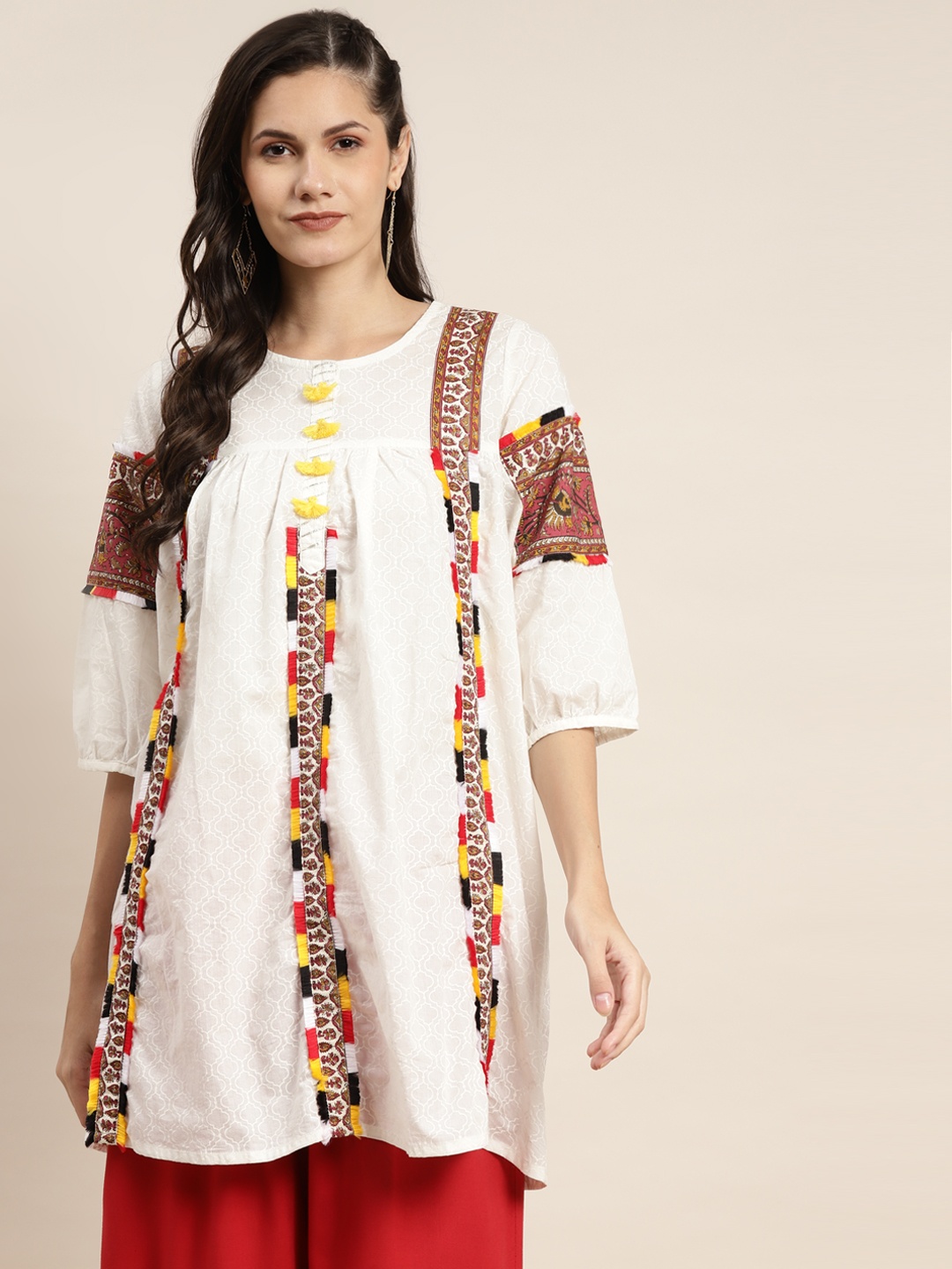 

Rain & Rainbow Off White & Maroon Ethnic Motifs Printed Tassel Detail Pure Cotton Tunic