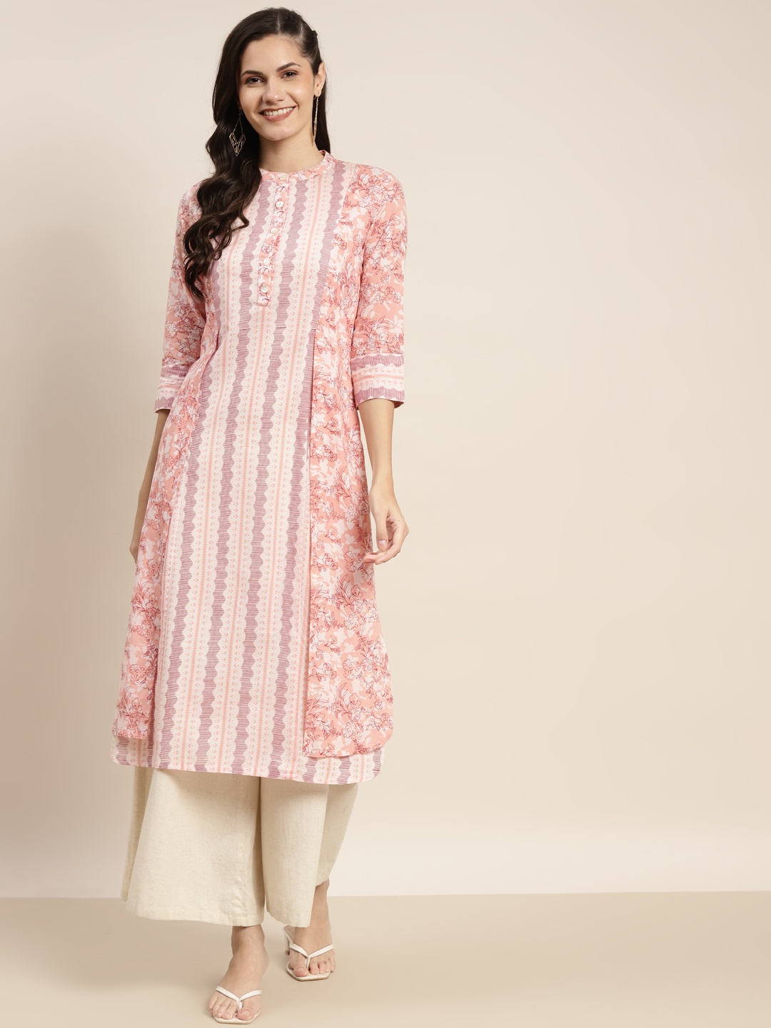 

Rain & Rainbow Women Peach-Coloured & White Ethnic Motifs Printed Pure Cotton Kurta