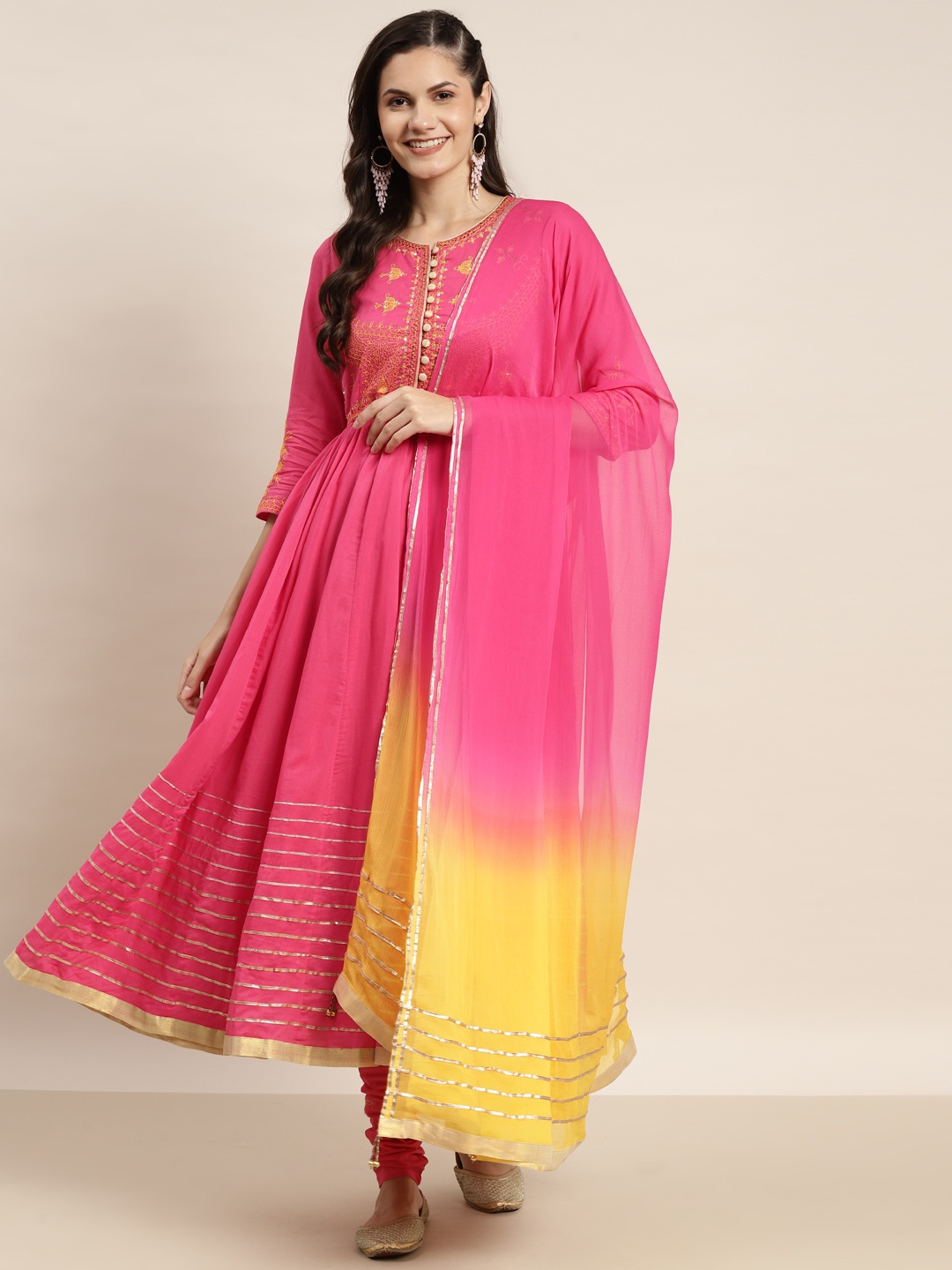 

Rain & Rainbow Women Pink Embroidered Pure Cotton Anarkali Kurta with Churidar & Dupatta