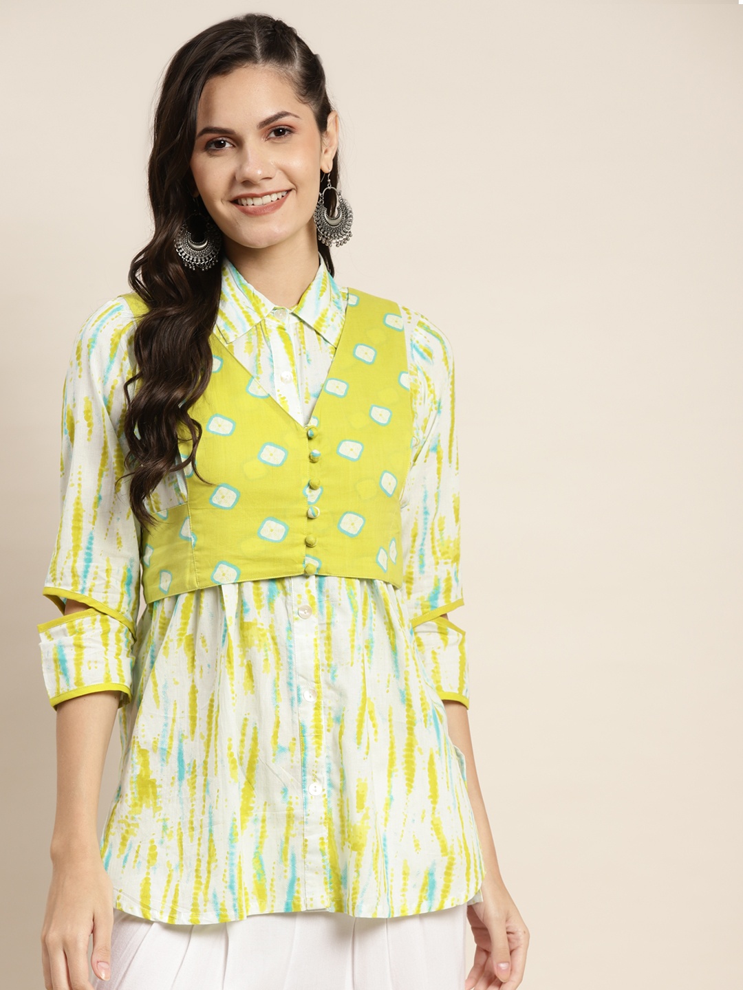 

Rain & Rainbow Women Lime Green Printed Pure Cotton Casual Shirt with Crop Jacket