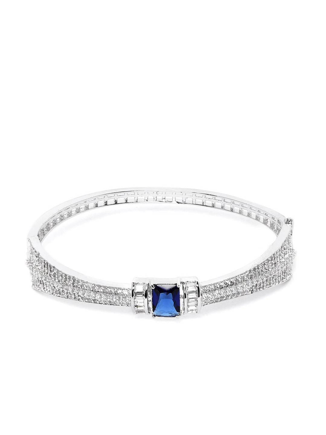 

JEWELS GEHNA Women Silver-Toned & Blue Brass American Diamond Silver-Plated Kada Bracelet