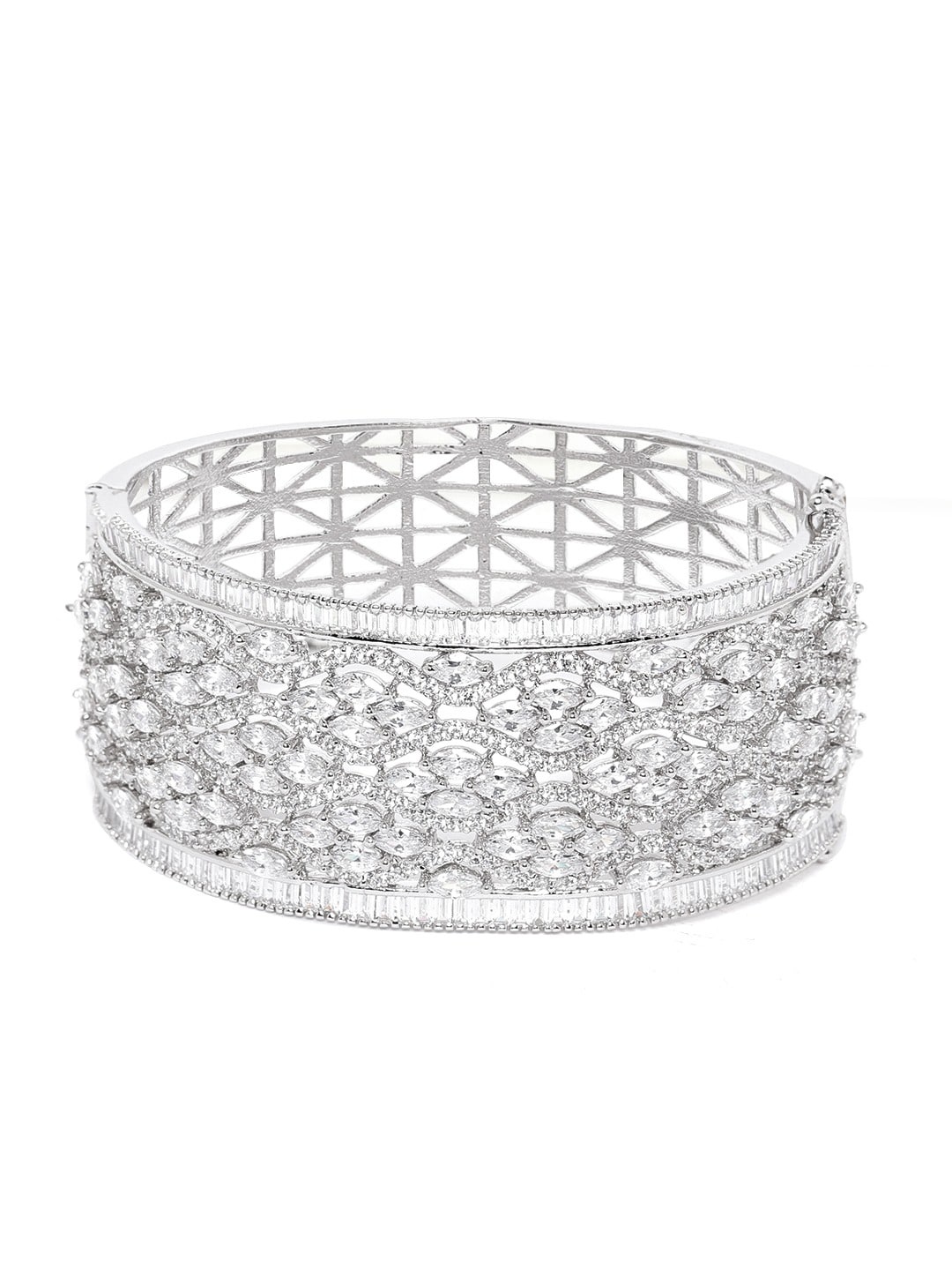 

JEWELS GEHNA Women Silver-Toned Brass American Diamond Handcrafted Silver-Plated Kada Bracelet