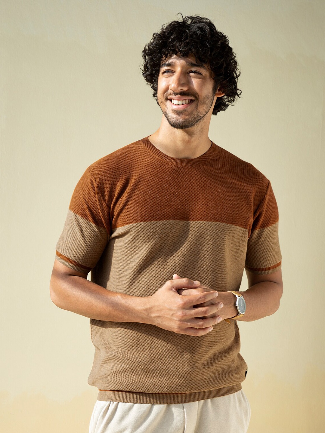

Andamen Men Khaki Colourblocked Cotton T-shirt