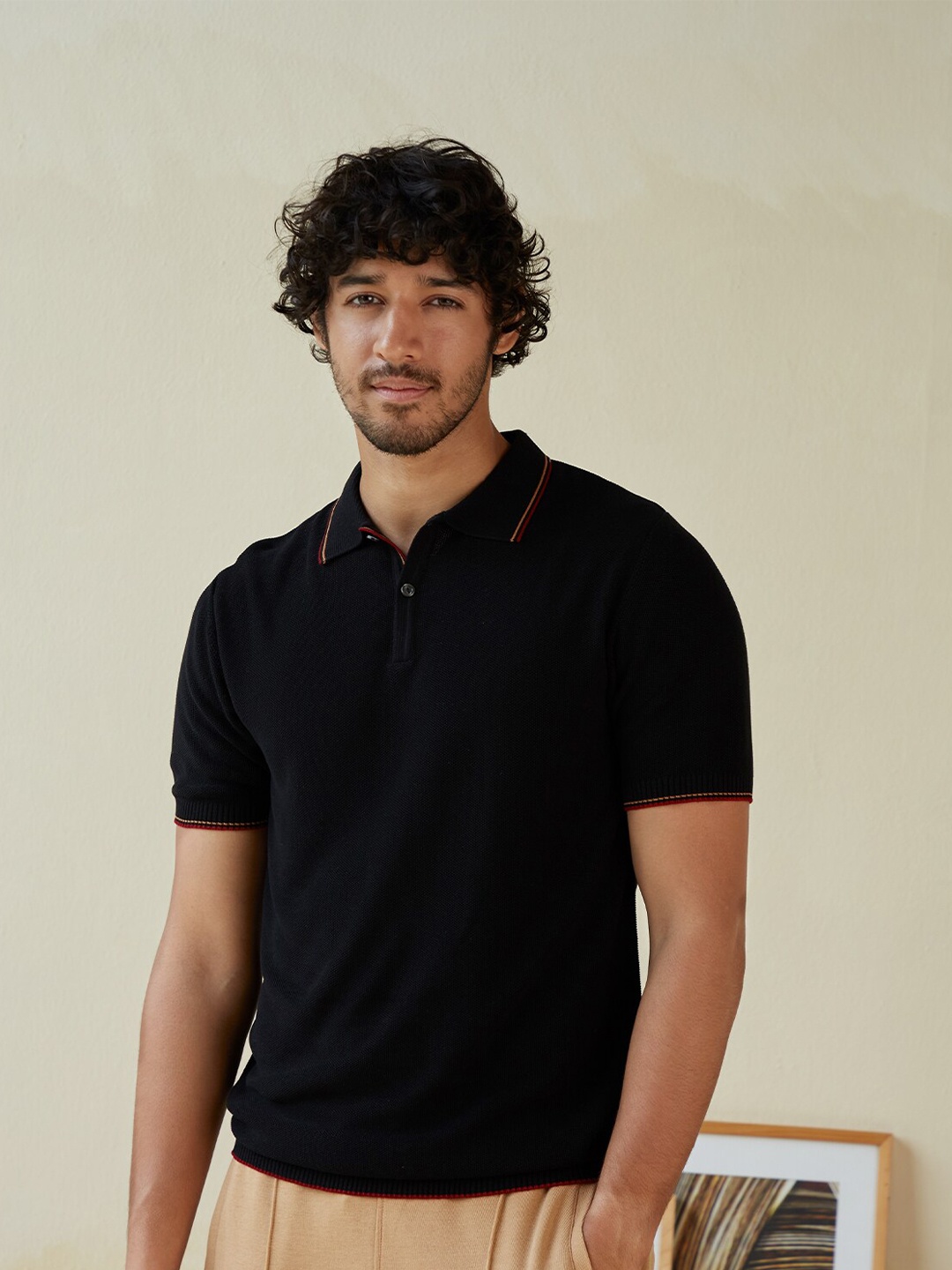 

Andamen Men Black Polo Collar Slim Fit T-shirt