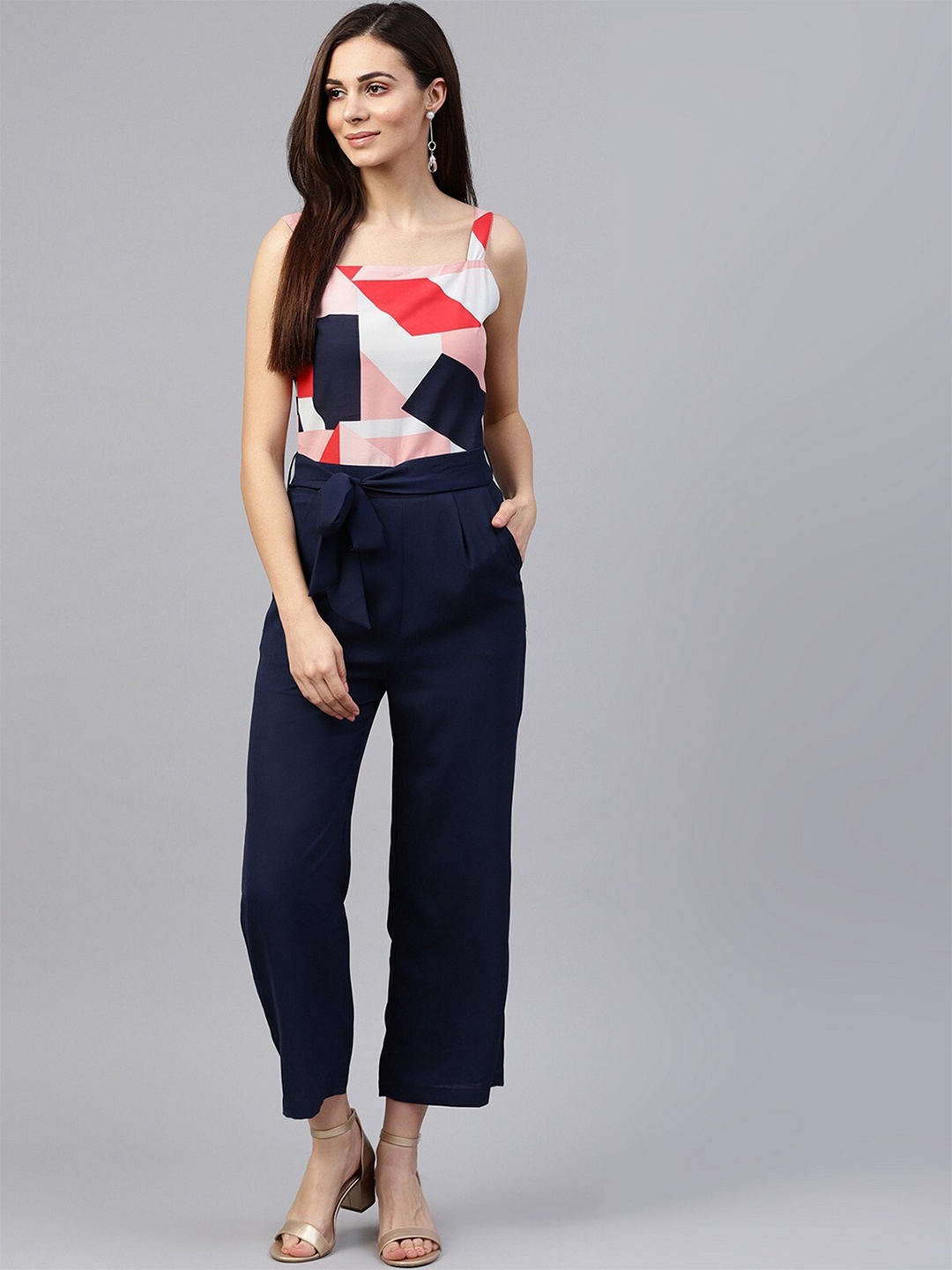 

Zima Leto Blue & White Printed Basic Jumpsuit