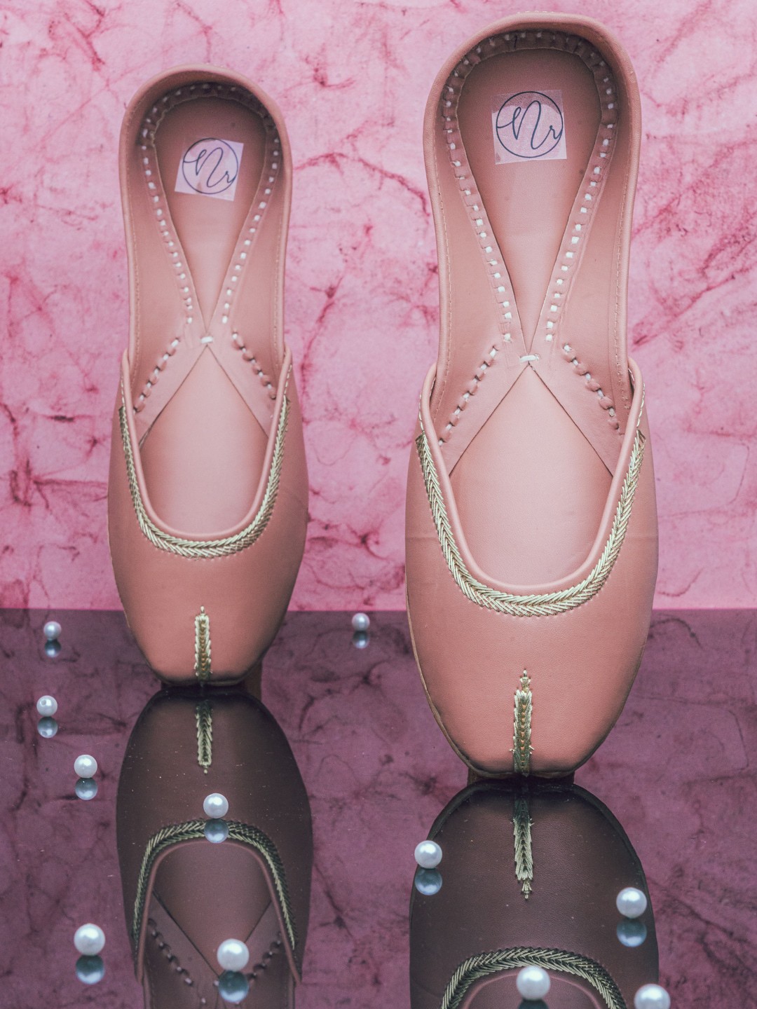 

NR By Nidhi Rathi Women Peach-Coloured Striped Mojaris Flats