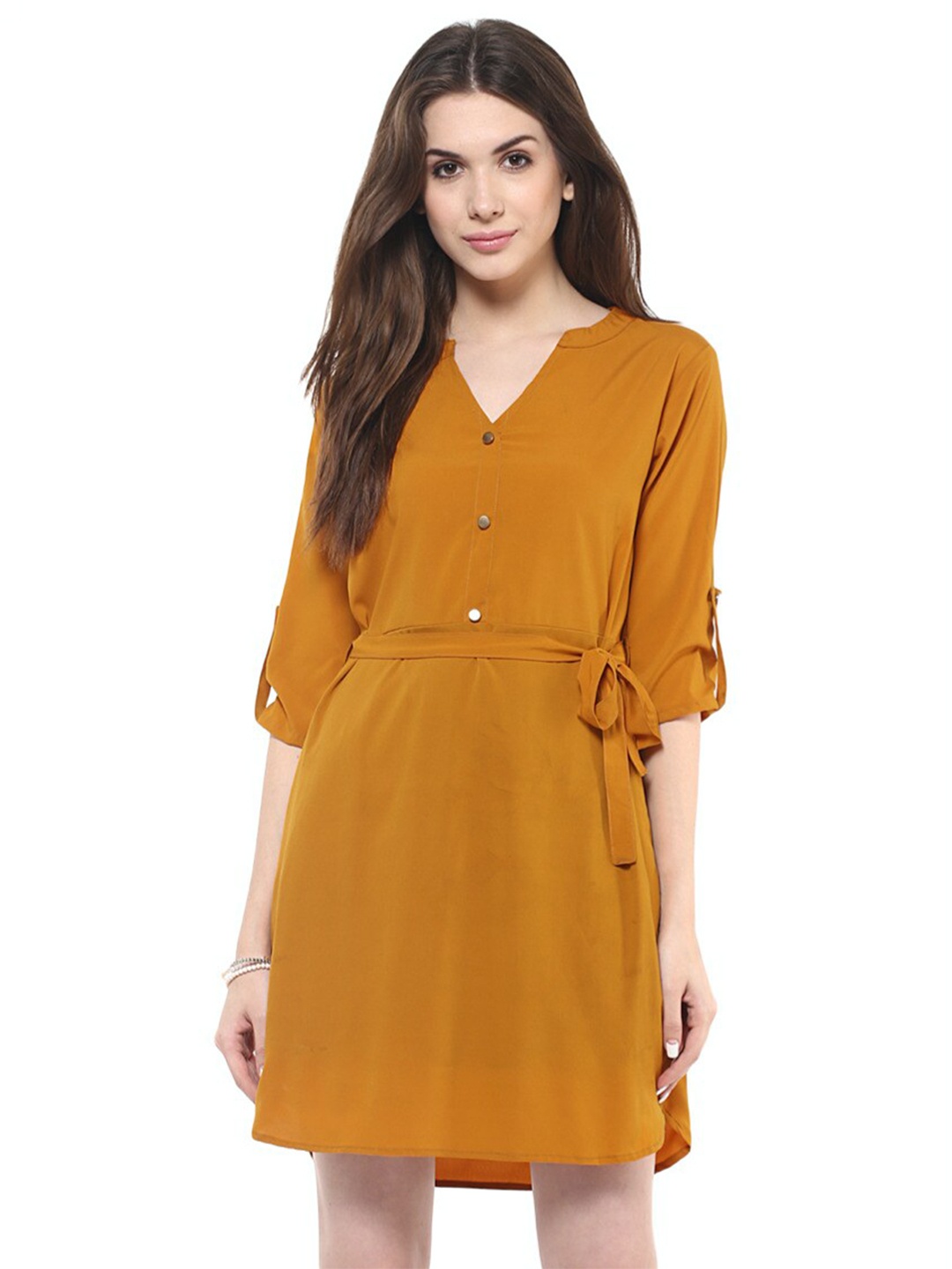 

Zima Leto Mustard Yellow Crepe Belted Shirt Dress