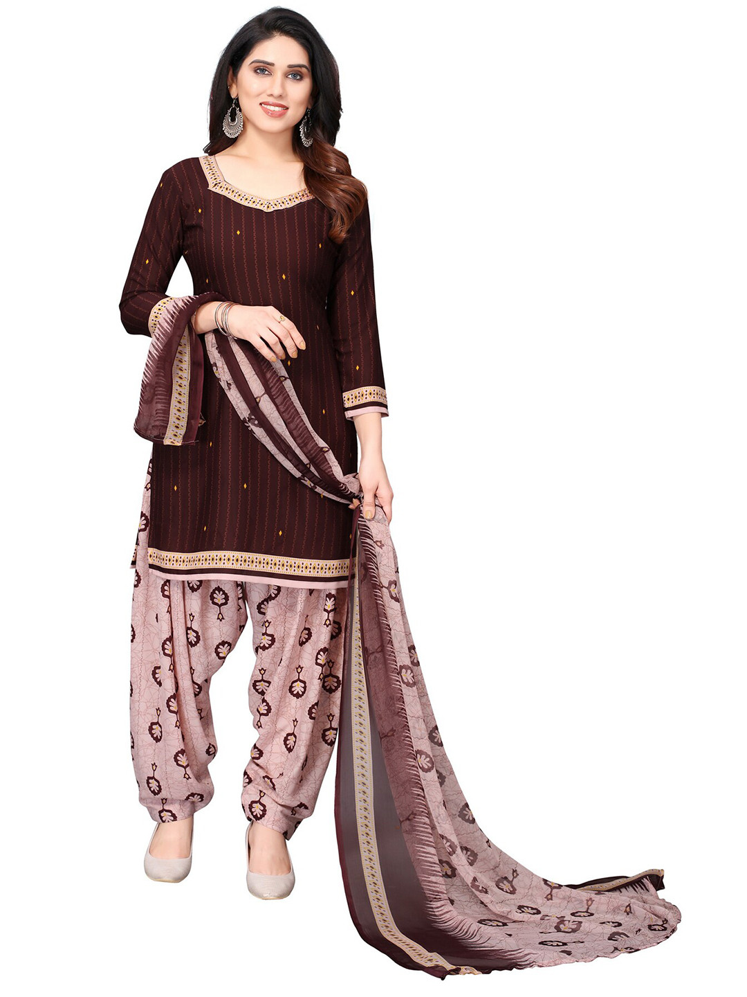 

SALWAR STUDIO Brown & Pink Printed Unstitched Dress Material