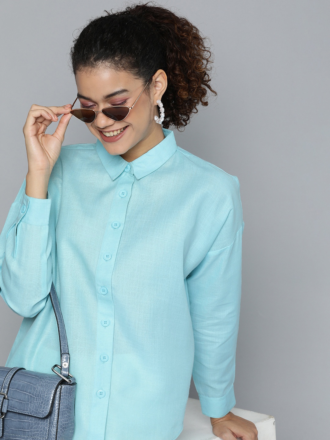 

HERE&NOW Women Blue Pure Cotton Comfort Boxy Casual Shirt