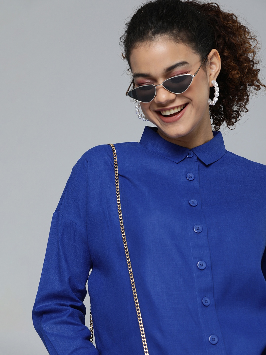 

HERE&NOW Women Blue Pure Cotton Comfort Boxy Casual Shirt