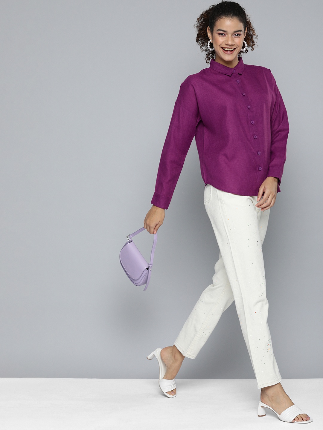 

HERE&NOW Women Purple Pure Cotton Comfort Boxy Casual Shirt