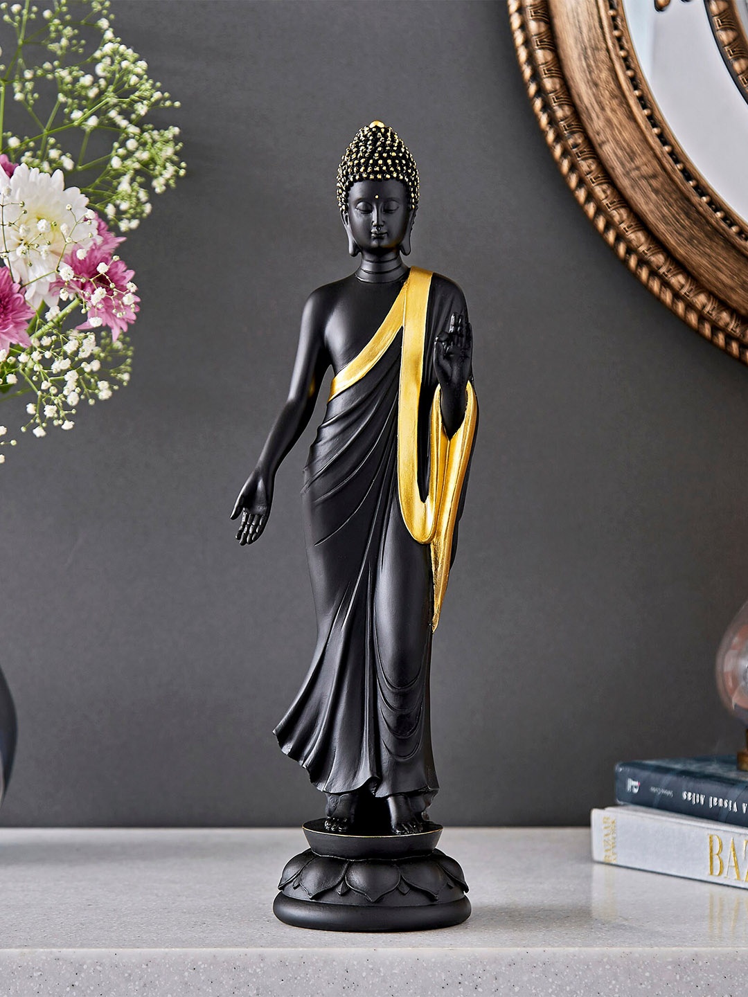 

Home Centre Black And Gold-Toned Textured Polyresin Standing Buddha Showpiece
