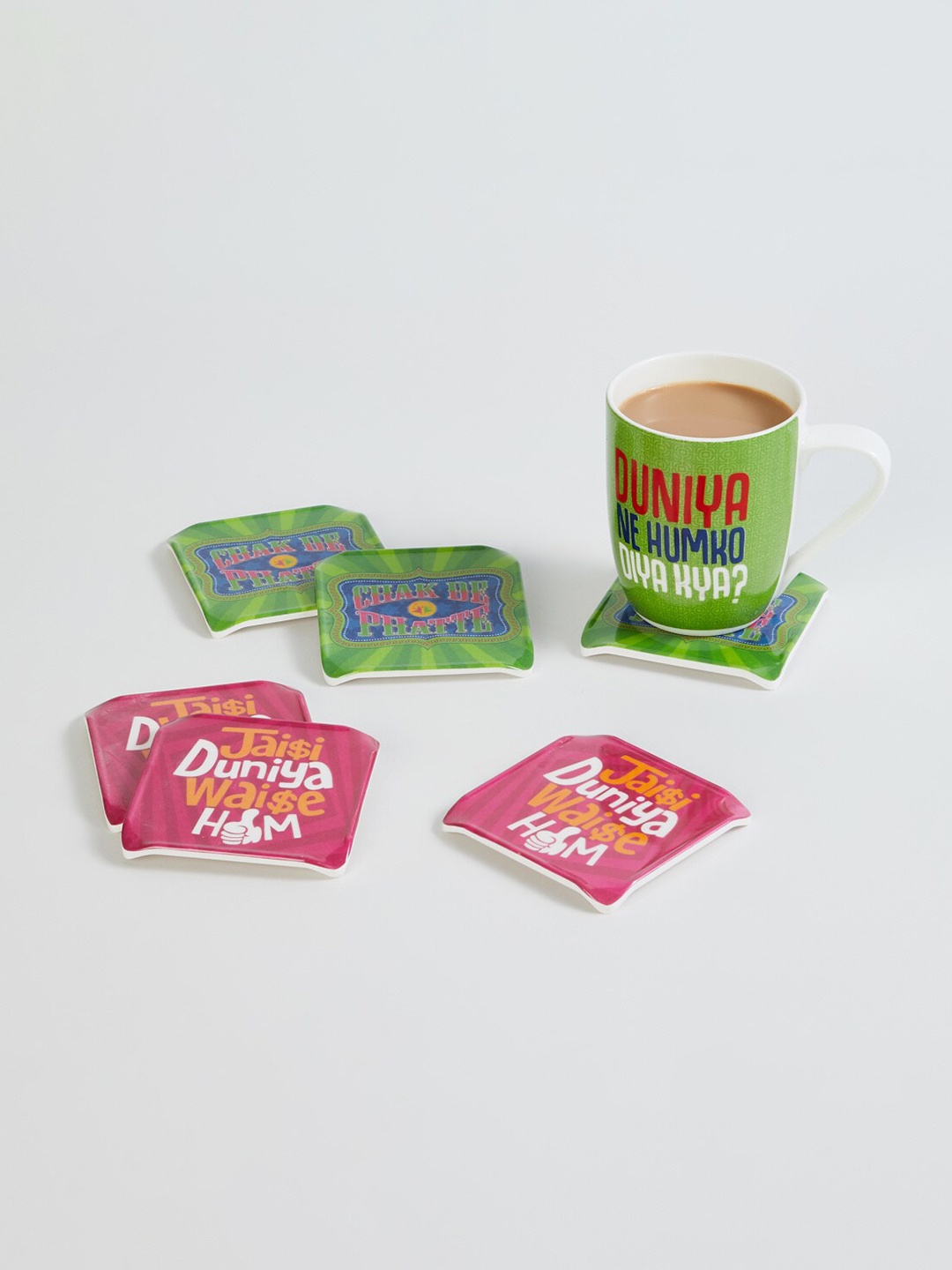

Home Centre Set of 6 Multicoloured Printed Melamine Coasters With Stand, Multi