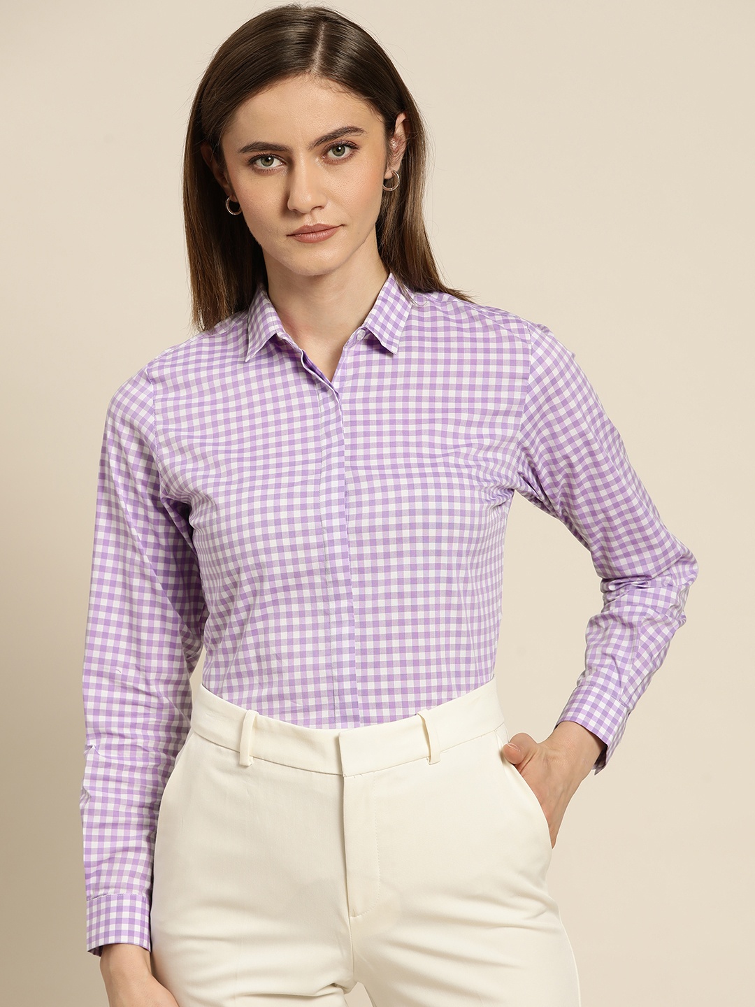 

Hancock Women Lavender & White Standard Slim Fit Gingham Checked Cotton Formal Shirt