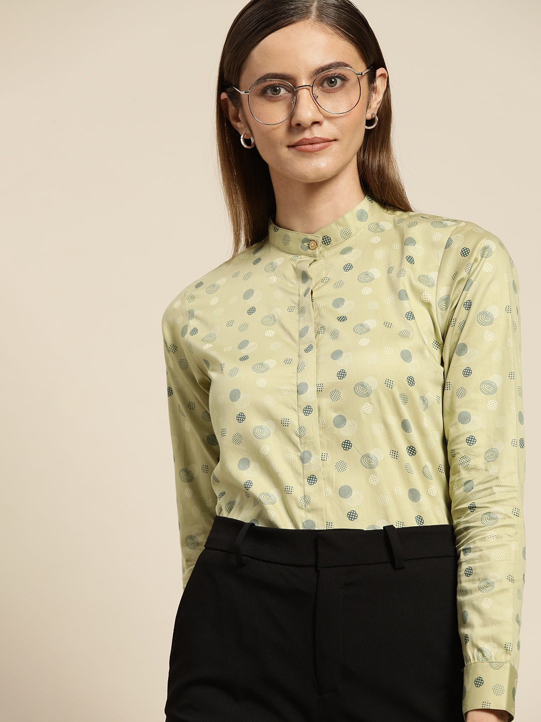 

Hancock Women Lime Green Satin Printed Slim Fit Pure Cotton Formal Shirt