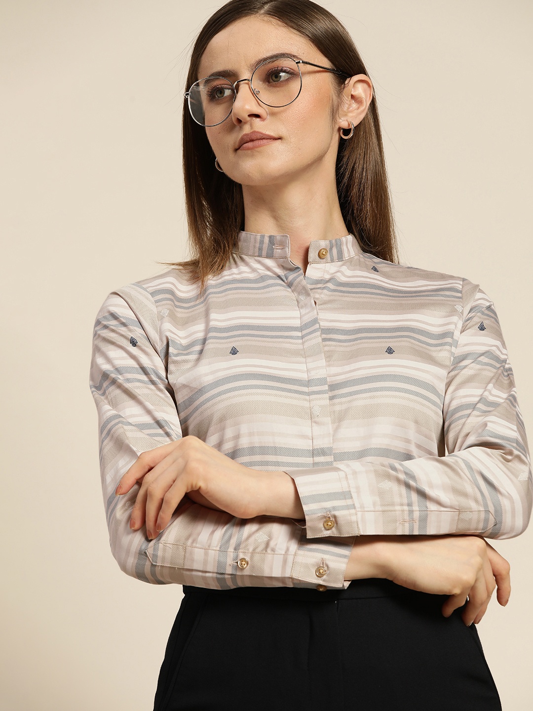 

Hancock Women Beige & Grey Horizontal Stripes Pure Cotton Satin Slim Fit Formal Shirt