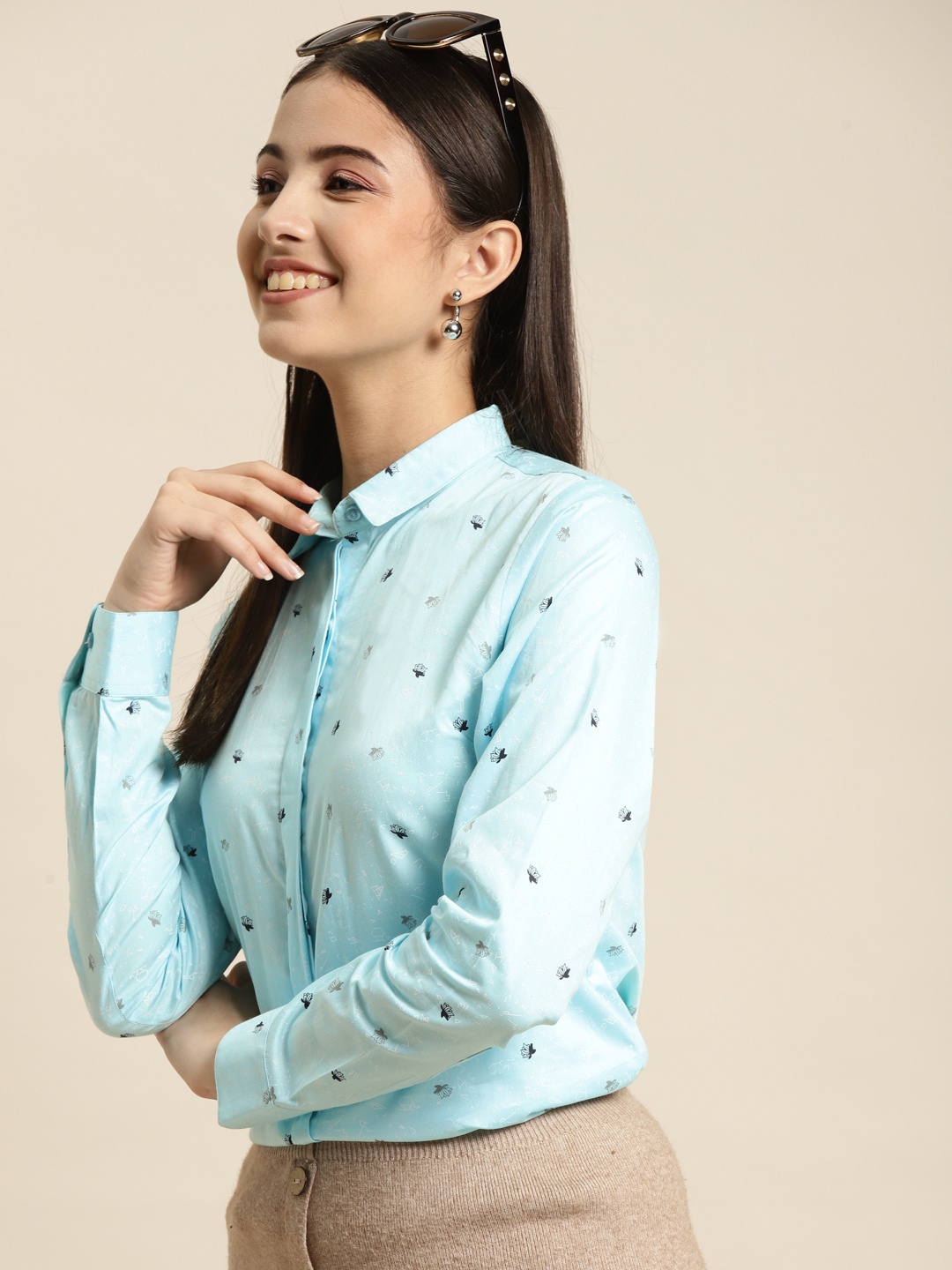 

Hancock Women Blue Printed Satin Standard Slim Fit Pure Cotton Formal Shirt
