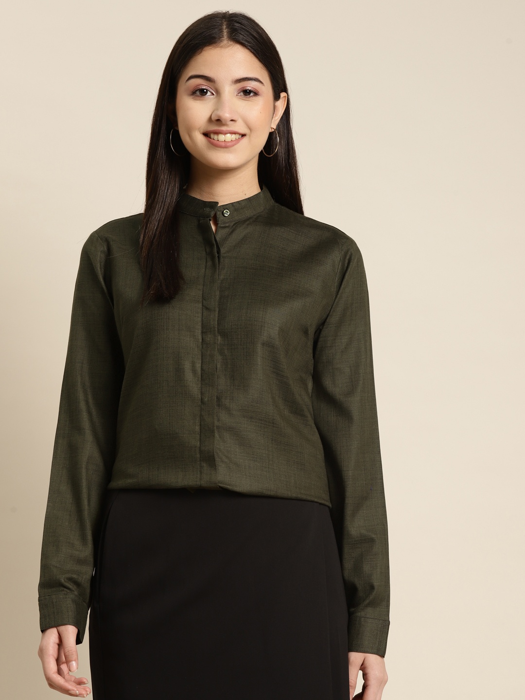 

Hancock Women Olive Green Solid Regular Fit Pure Cotton Formal Shirt