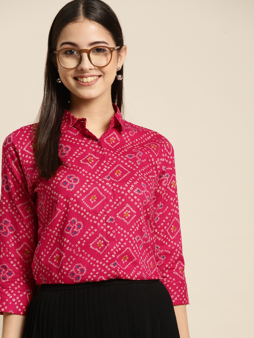

Hancock Women Magenta Regular Fit Printed Cotton Formal Shirt