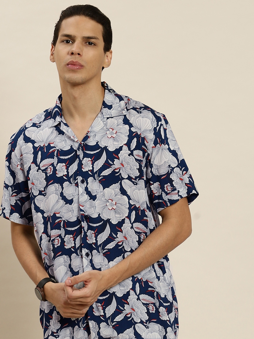 

Hancock Men Navy Blue & Grey Relaxed Floral Printed Casual Shirt