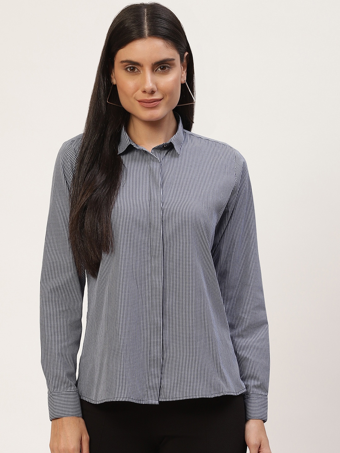 

English Navy Women Navy Blue Regular Fit Micro Checks Checked Formal Shirt
