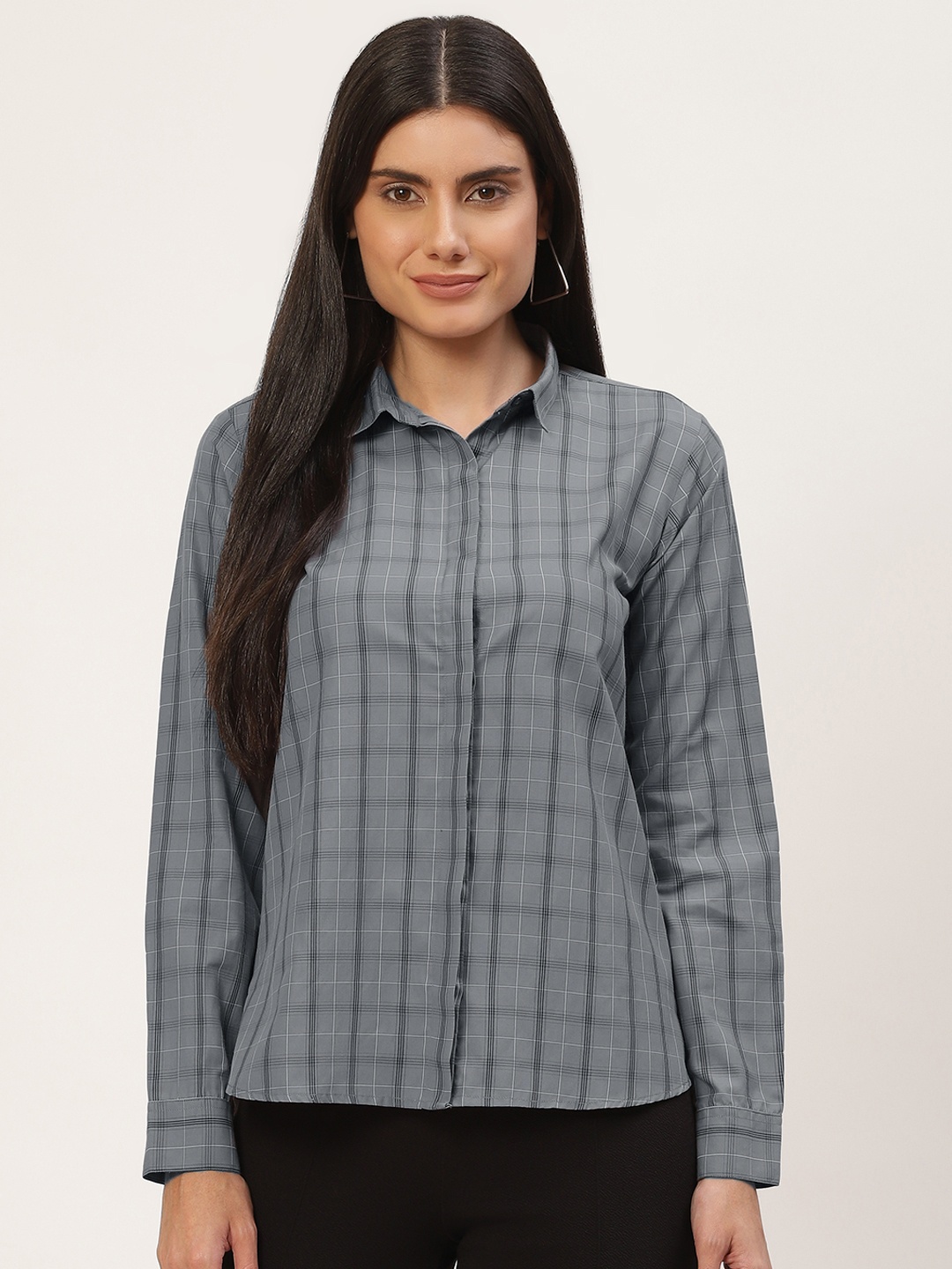 

English Navy Women Grey Regular Fit Checked Formal Shirt