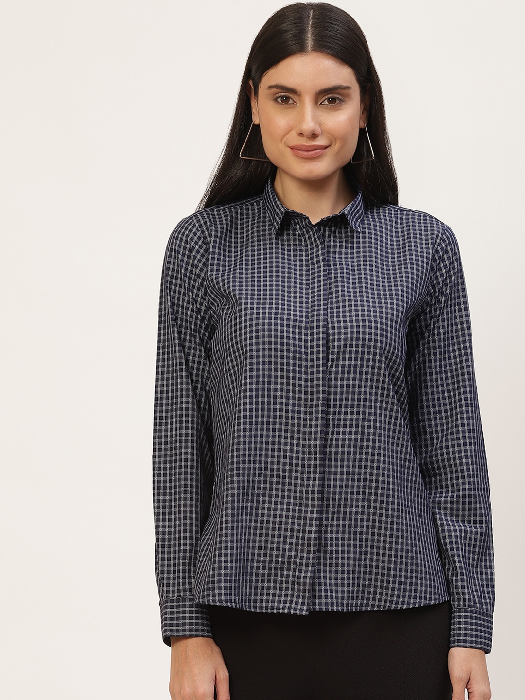 English Navy Women Navy Blue Regular Fit Checked Formal Shirt