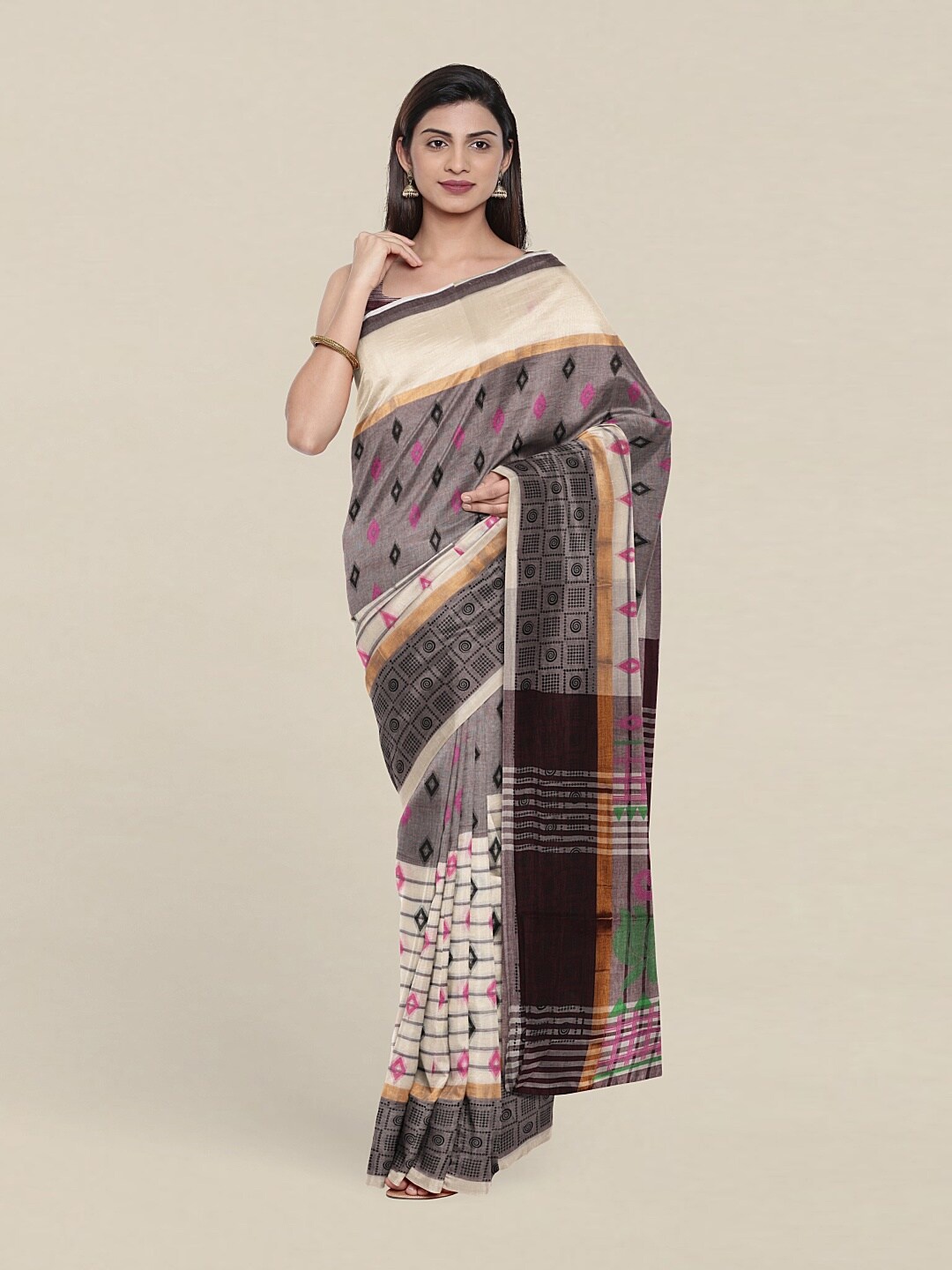 

Pothys Cream-Coloured & Grey Pure Cotton Saree