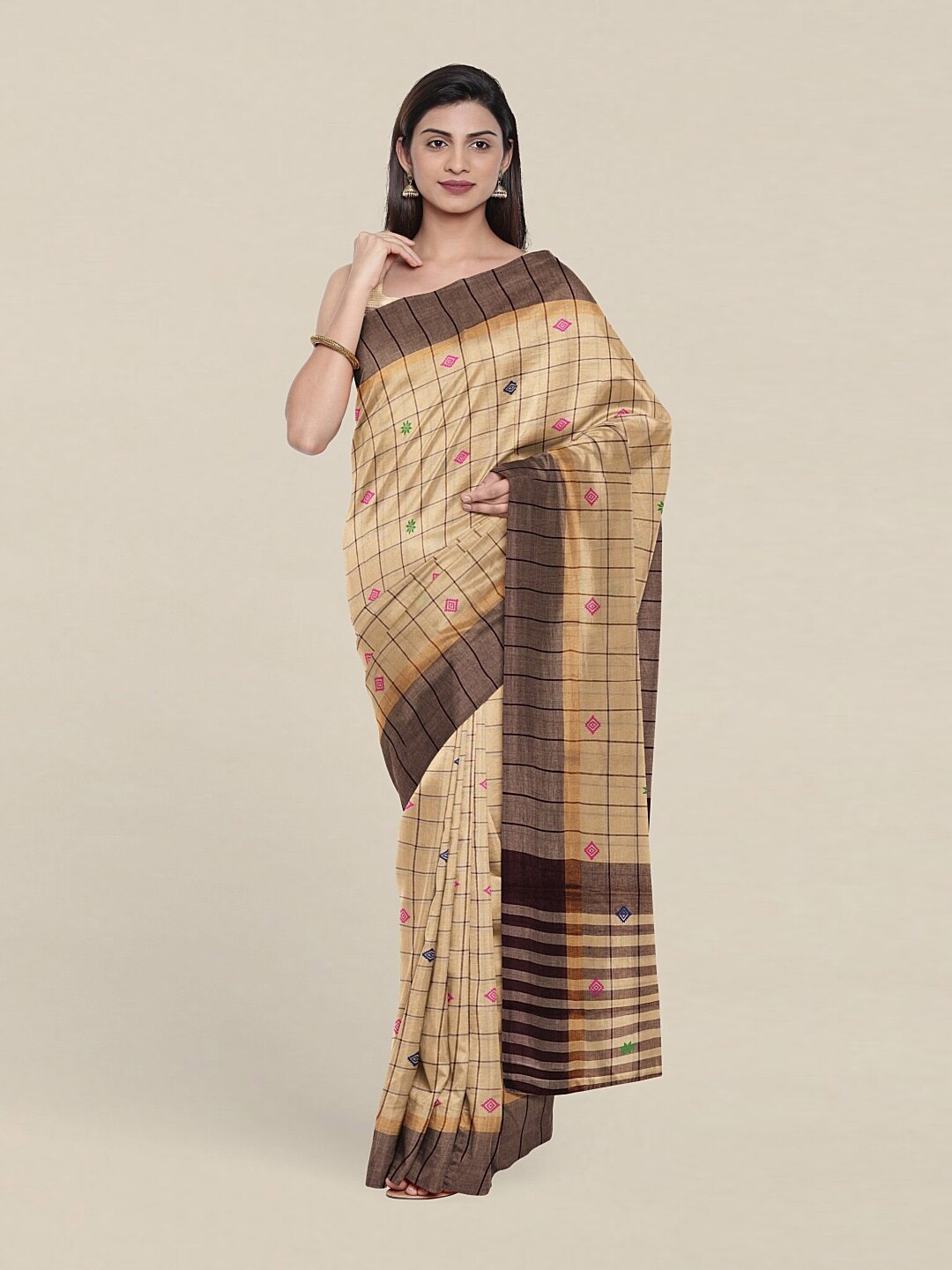 

Pothys Cream-Coloured & Brown Checked Pure Cotton Saree