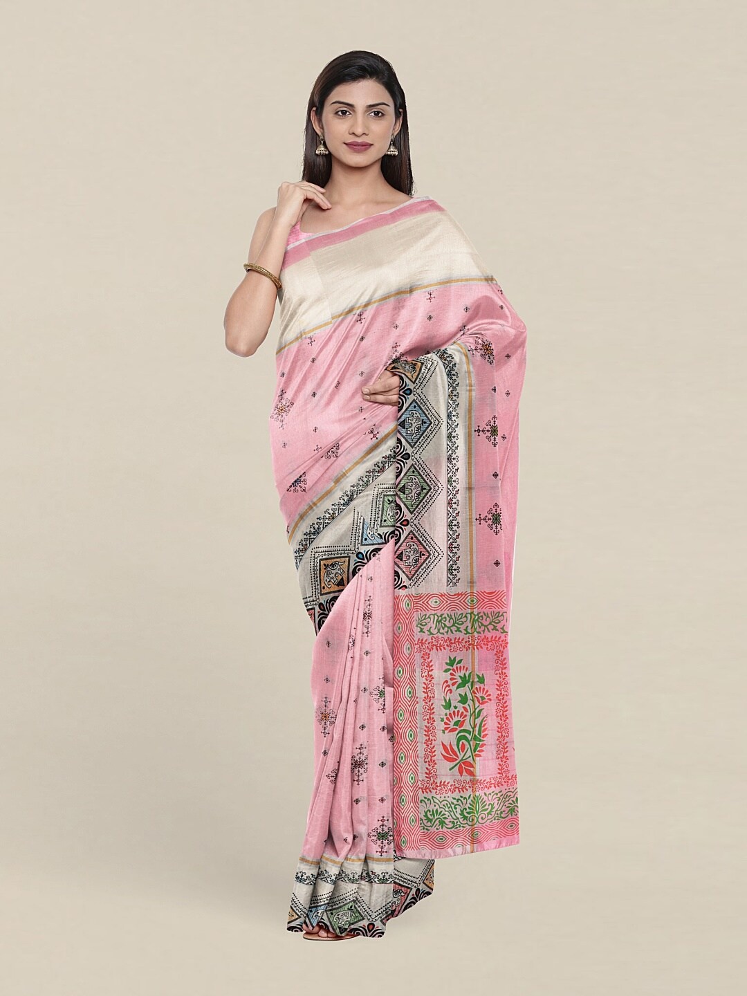 

Pothys Pink & Grey Floral Pure Cotton Saree