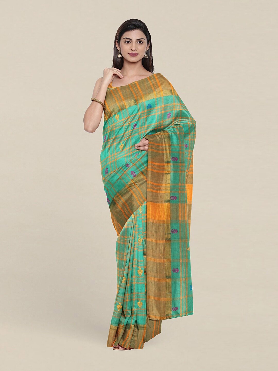 

Pothys Sea Green & Yellow Checked Pure Cotton Saree