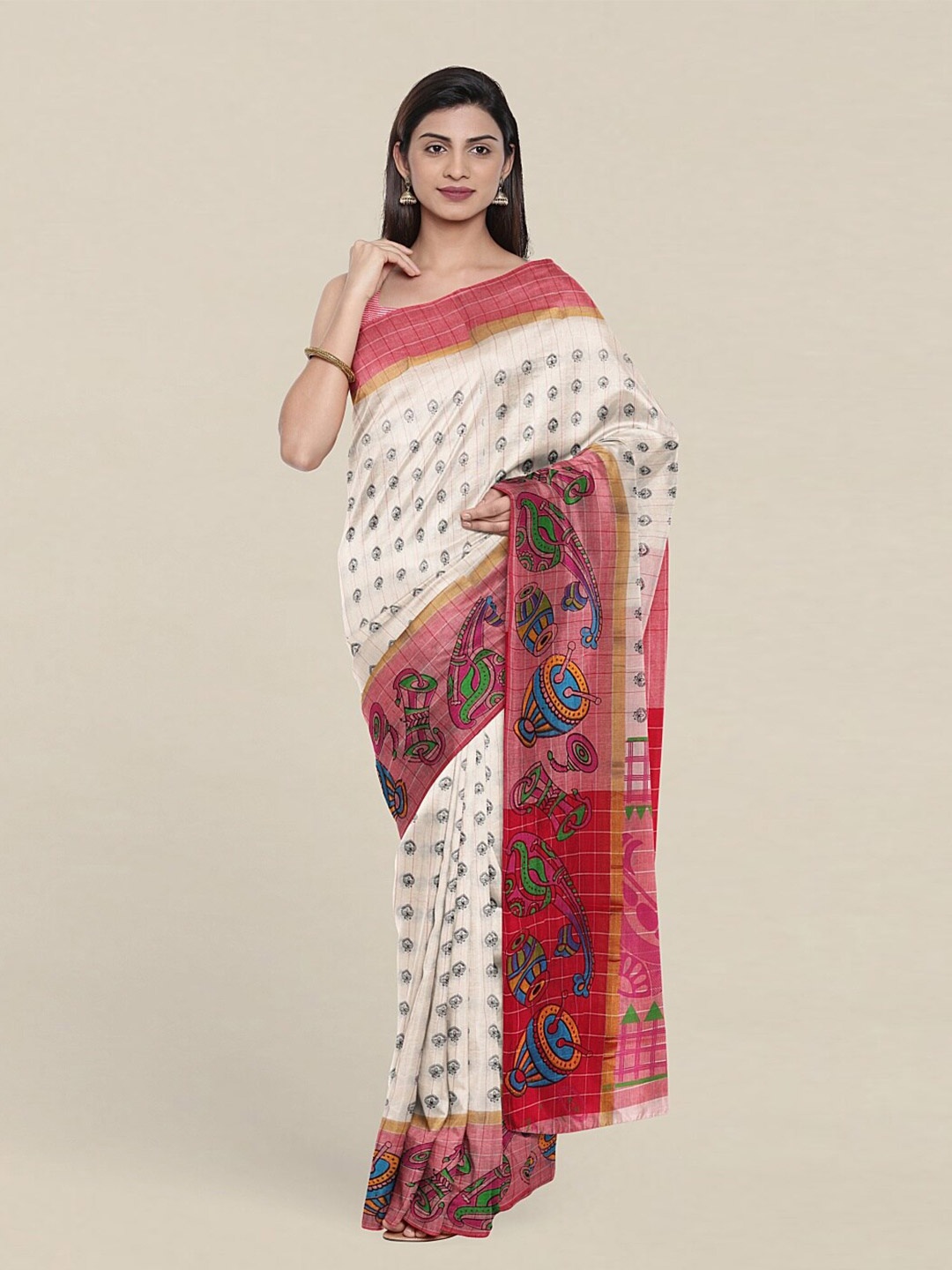 

Pothys White & Pink Ethnic Motifs Pure Cotton Saree