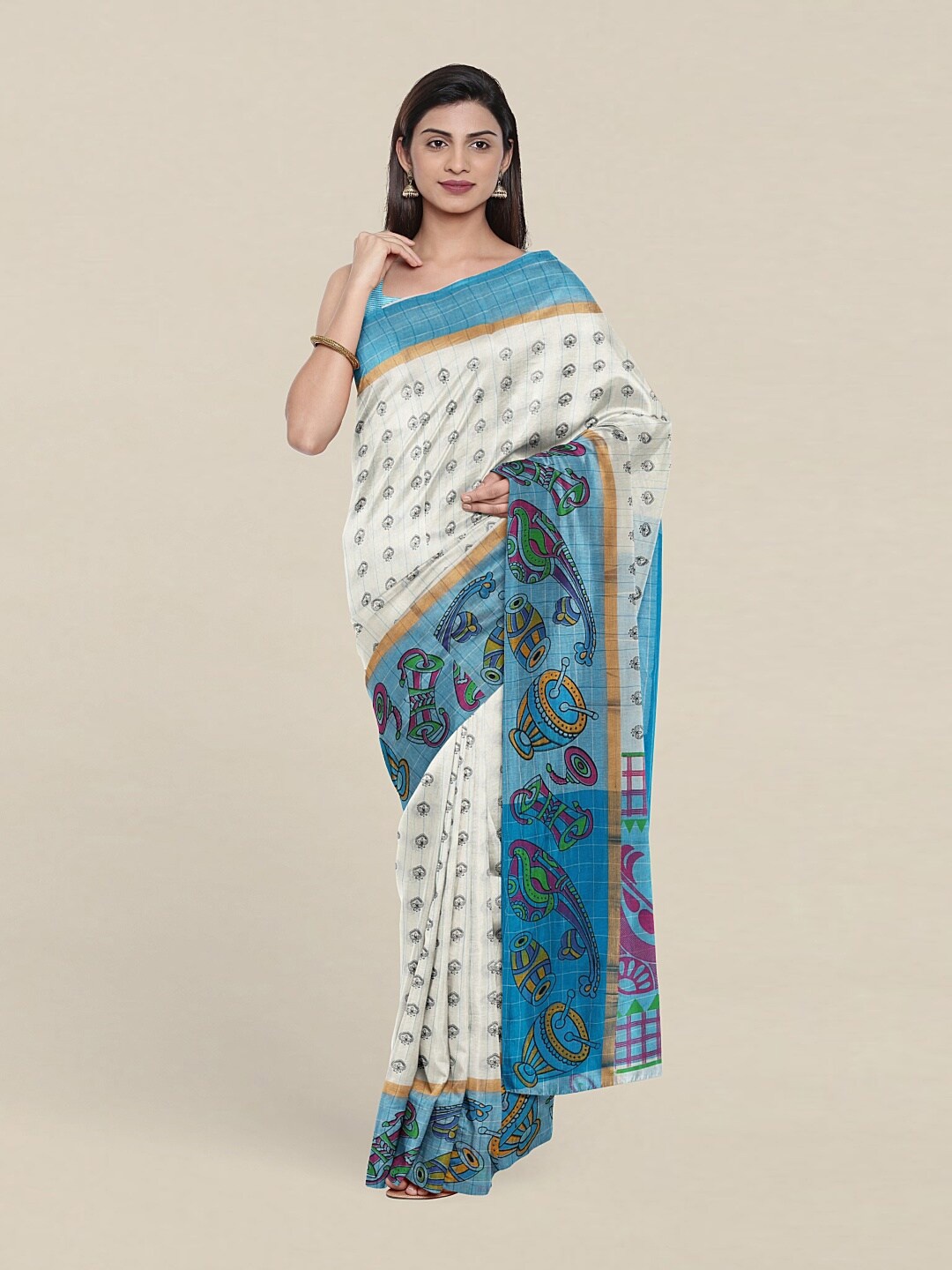 

Pothys White & Blue Checked Ethnic Motifs Pure Cotton Saree