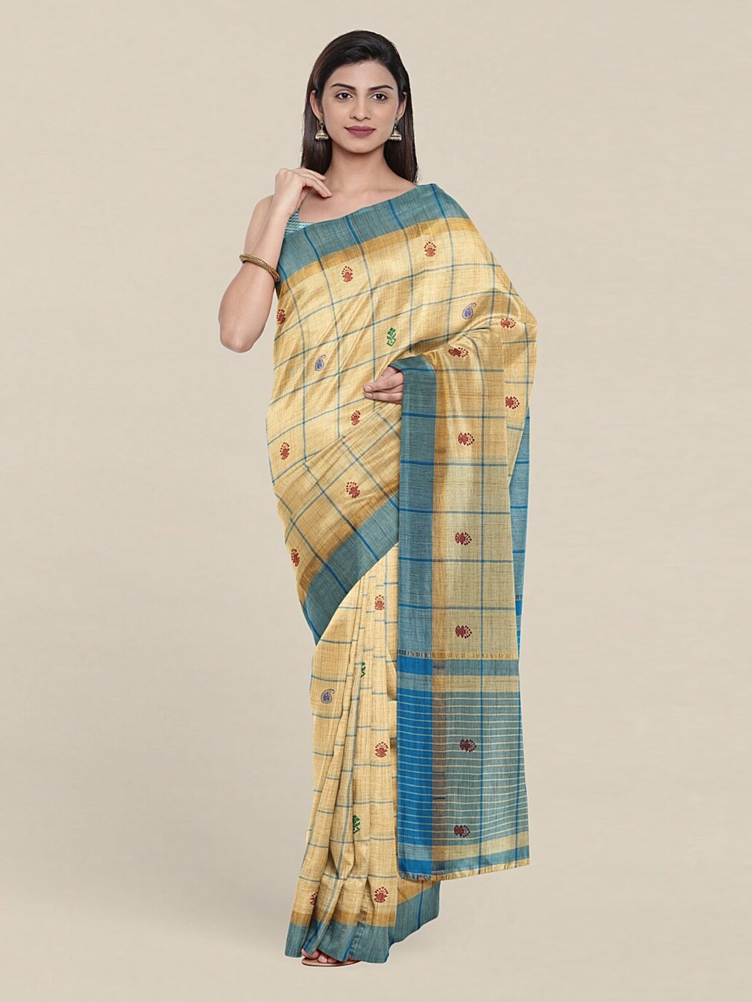 

Pothys Cream-Coloured & Blue Checked Pure Cotton Saree