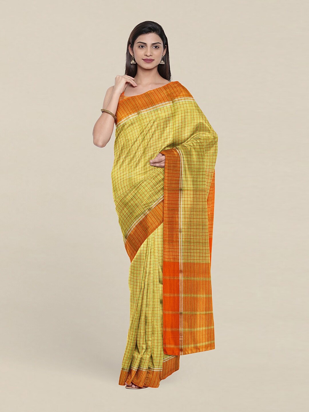 

Pothys Yellow & Orange Checked Pure Cotton Saree