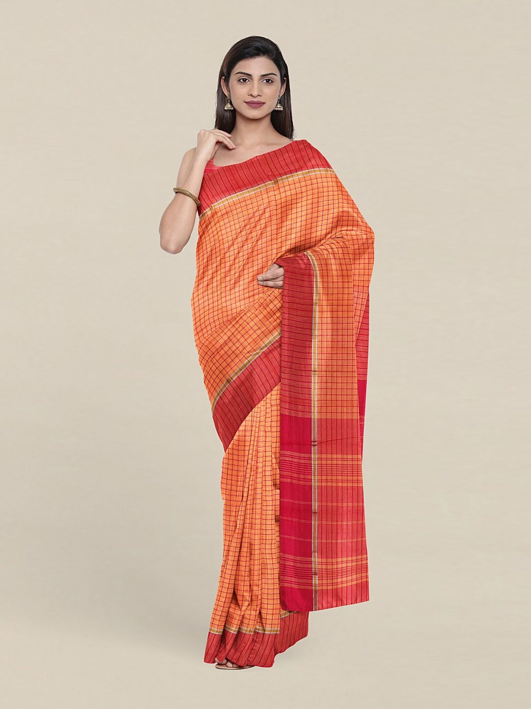 

Pothys Peach-Coloured & Orange Checked Pure Cotton Saree