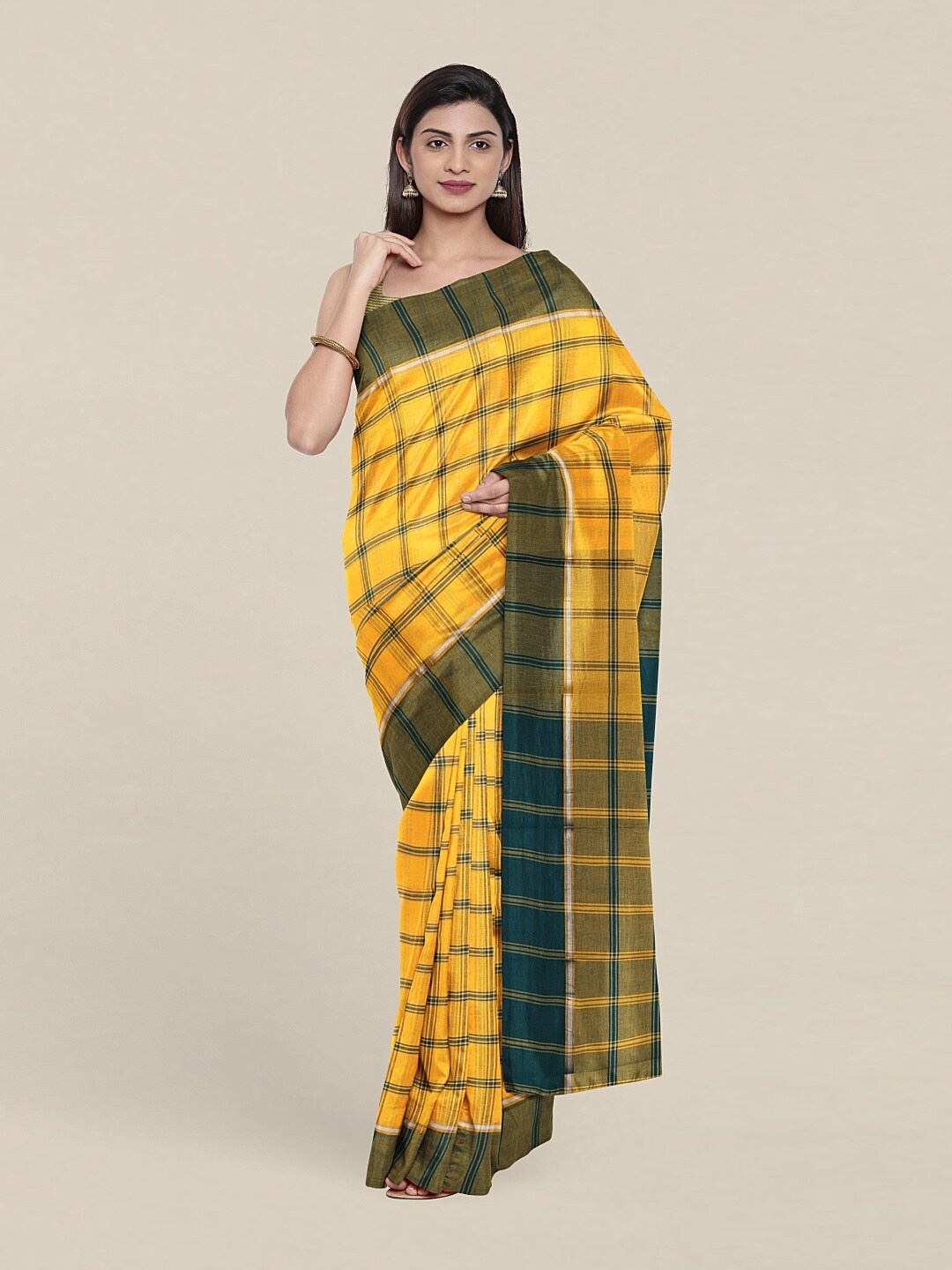 

Pothys Yellow & Green Checked Pure Cotton Saree