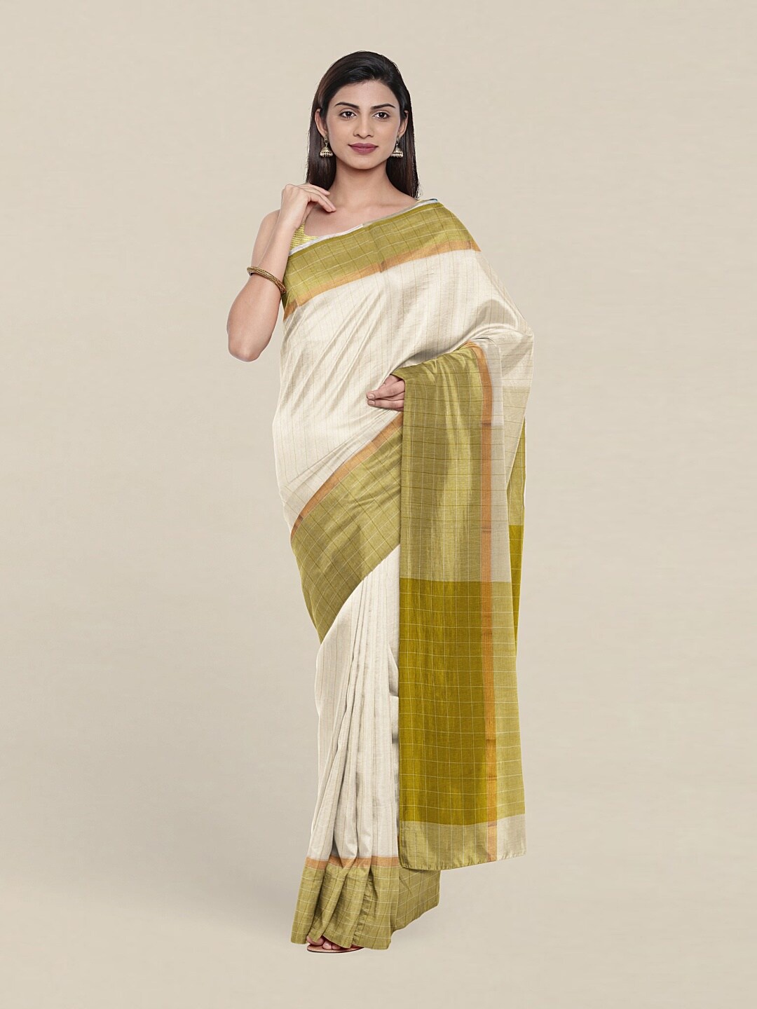 

Pothys Off White & Green Striped Pure Cotton Saree