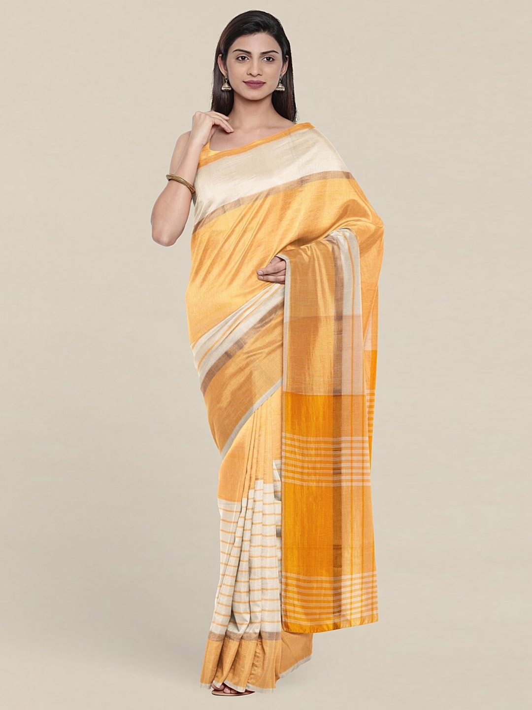 

Pothys Cream-Coloured & Yellow Striped Pure Cotton Saree