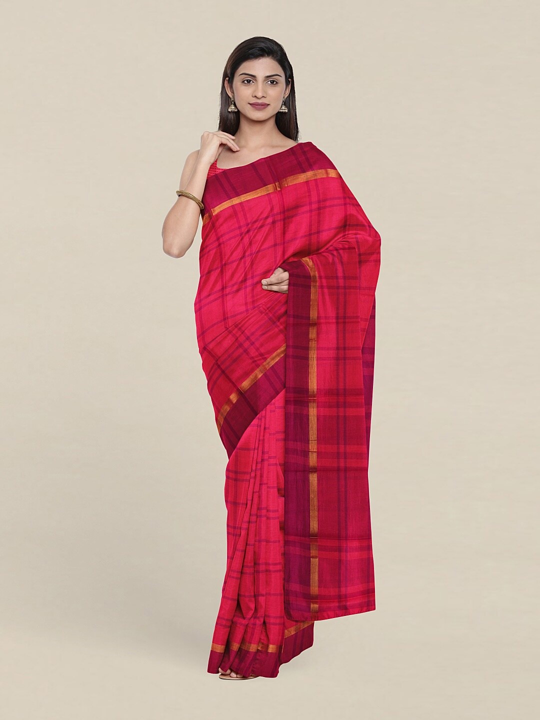 

Pothys Pink & Gold-Toned Checked Pure Cotton Saree