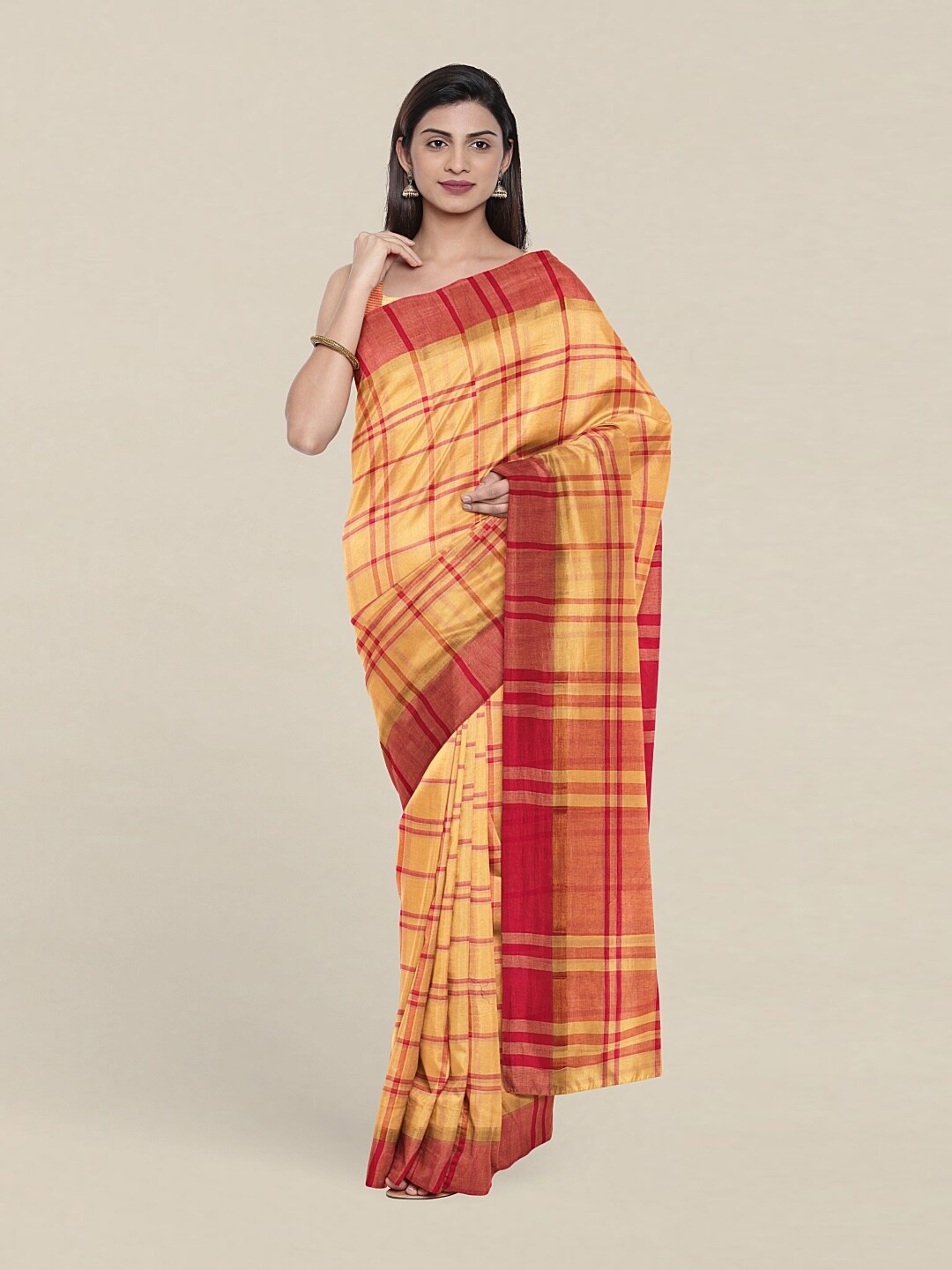 

Pothys Yellow & Pink Checked Pure Cotton Saree