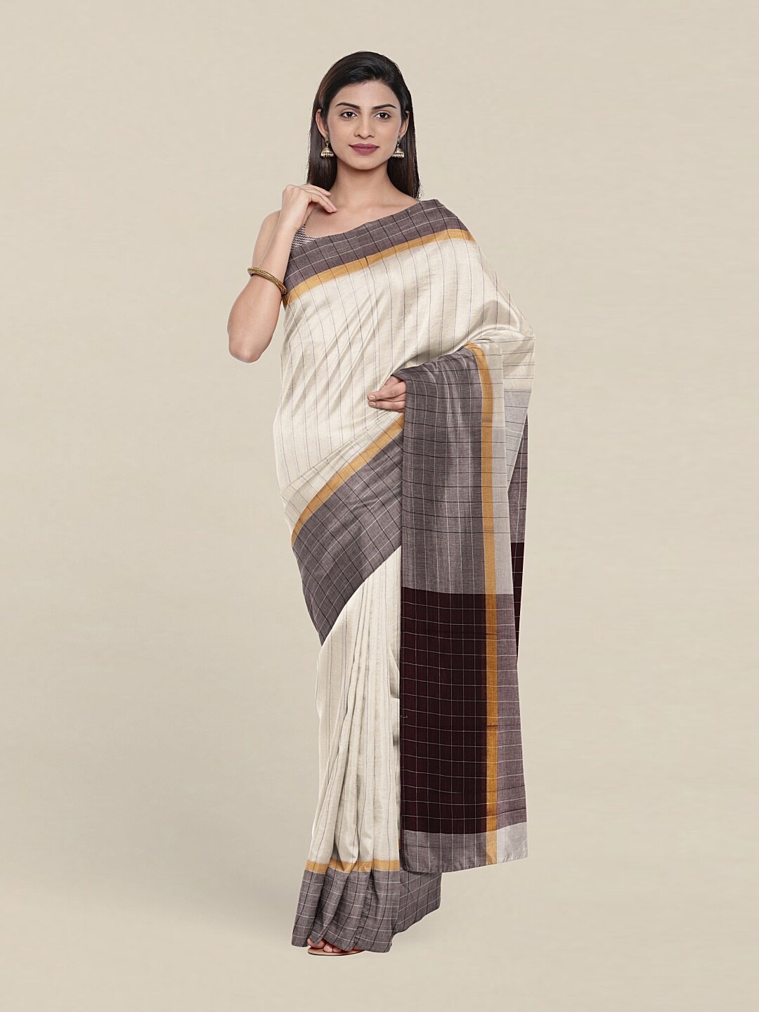 

Pothys White & Brown Striped Pure Cotton Saree