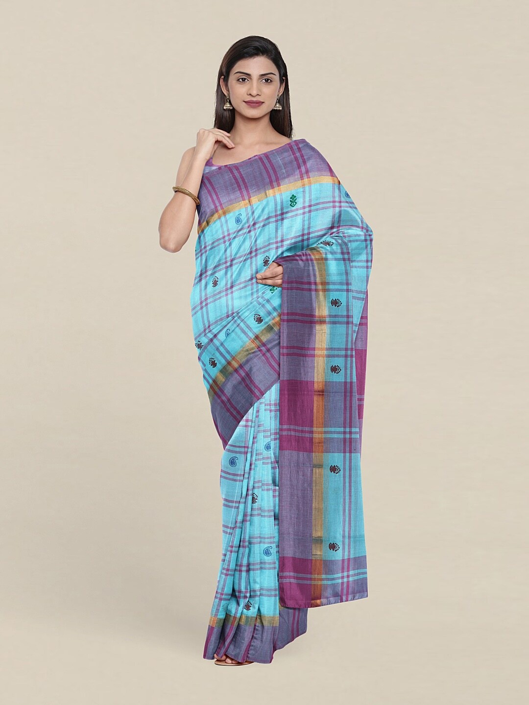 

Pothys Blue & Gold-Toned Checked Zari Pure Cotton Saree