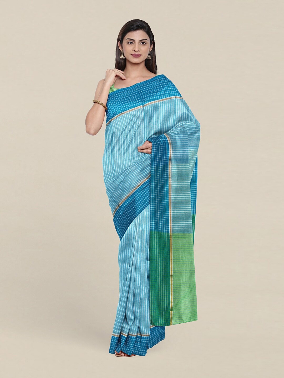 

Pothys Blue & Green Striped Zari Pure Cotton Saree
